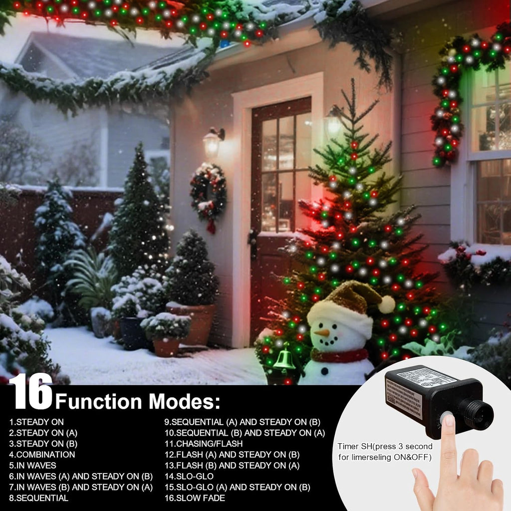 LAMPHOME Red Green White String Lights, 65.3ft 200 LED Christmas String Lights, Mini Fairy Starry Plug in with16 Modes for Outdoor Xmas Tree Wedding Party Decoration