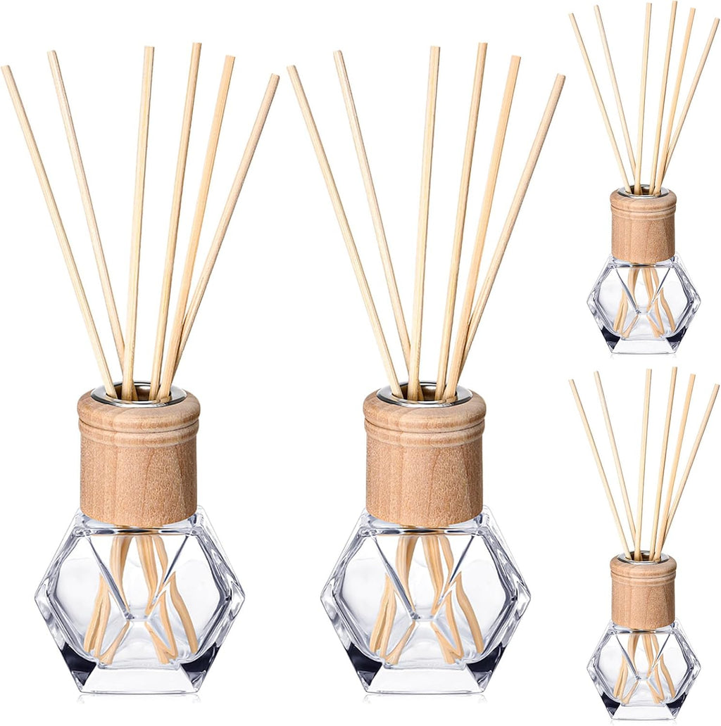 Roshtia 4 Set Reed Diffuser Bottle Empty Refillable Fragrance Glass Diffuser Bottles Set with Wooden Caps Rattan Sticks 50ml 1.7 oz Irregular Glass Jars for DIY Fragrance