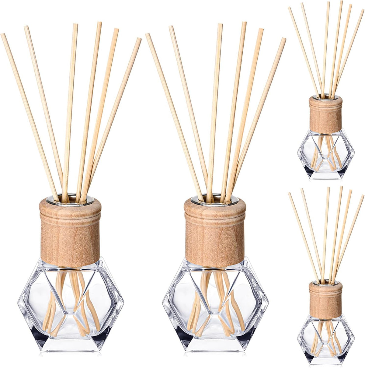 Roshtia 4 Set Reed Diffuser Bottle Empty Refillable Fragrance Glass Diffuser Bottles Set with Wooden Caps Rattan Sticks 50ml 1.7 oz Irregular Glass Jars for DIY Fragrance
