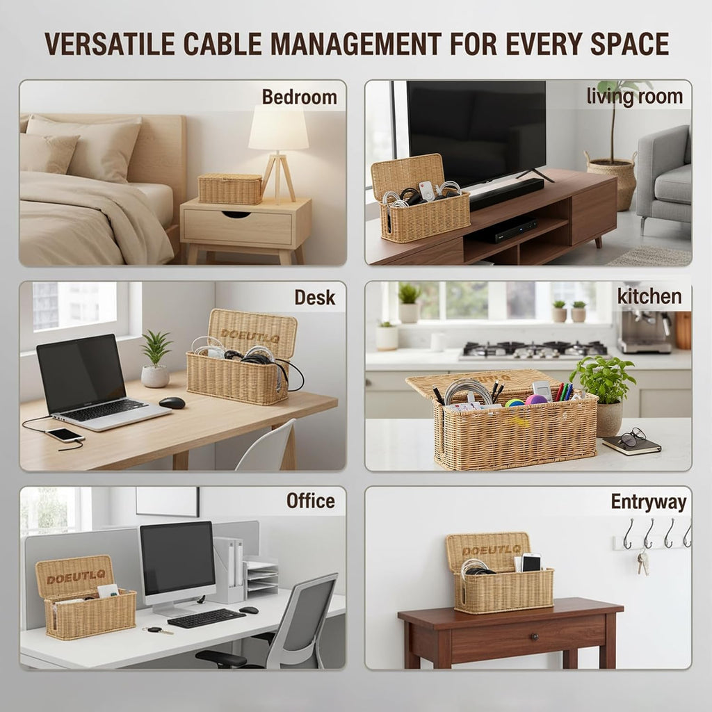 Cord Organizer Woven Cable Management Storage Box with Lid for Power Strips