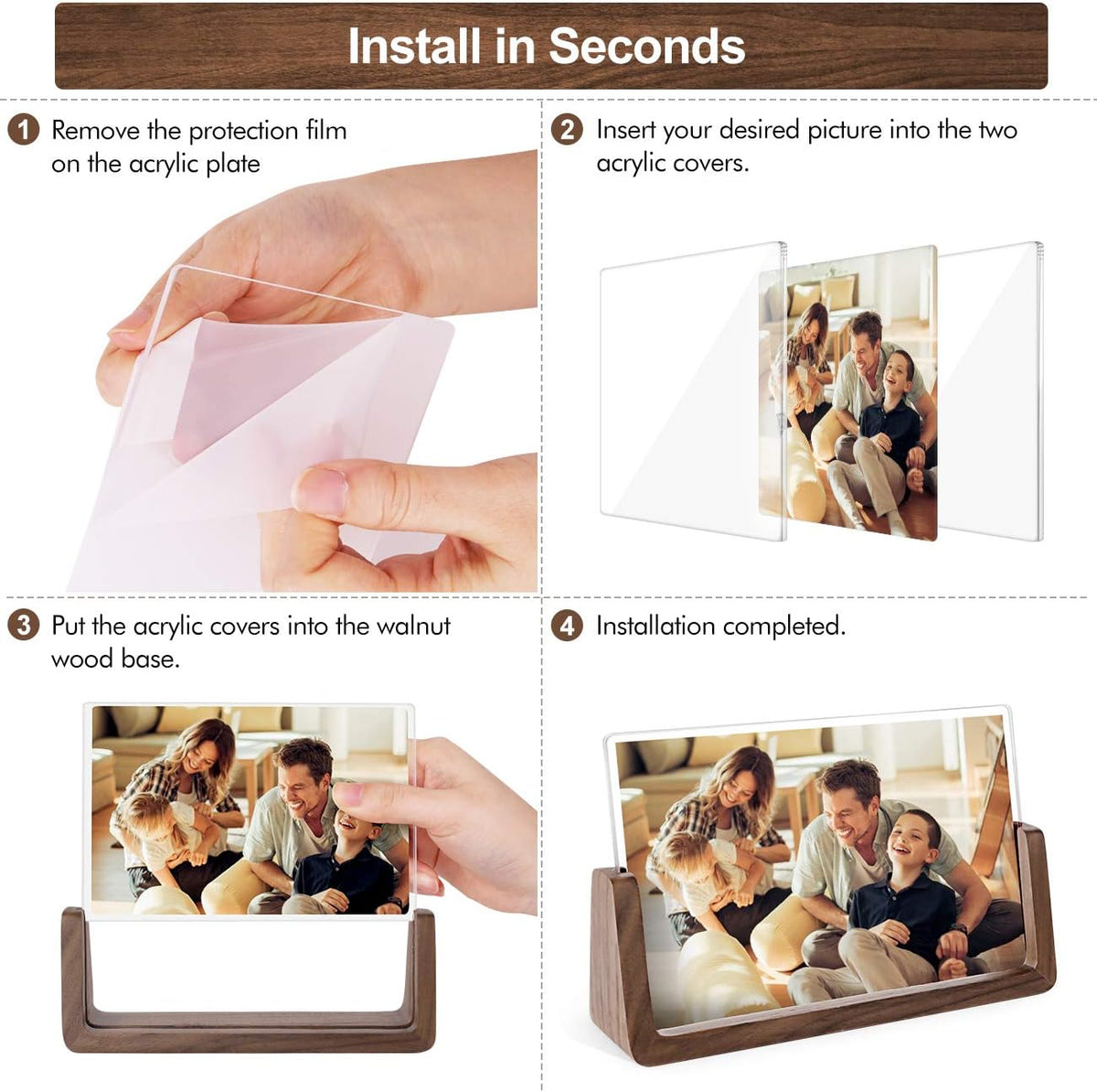 Mixoo 4x6 Picture Frame 2 Pack - Rustic Wooden Picture Frames with Walnut Wood Base and High Definition Break Free Acrylic Photo Covers for Desk Tabletop Display Teacher Father Gifts (Horizontal + Vertical)