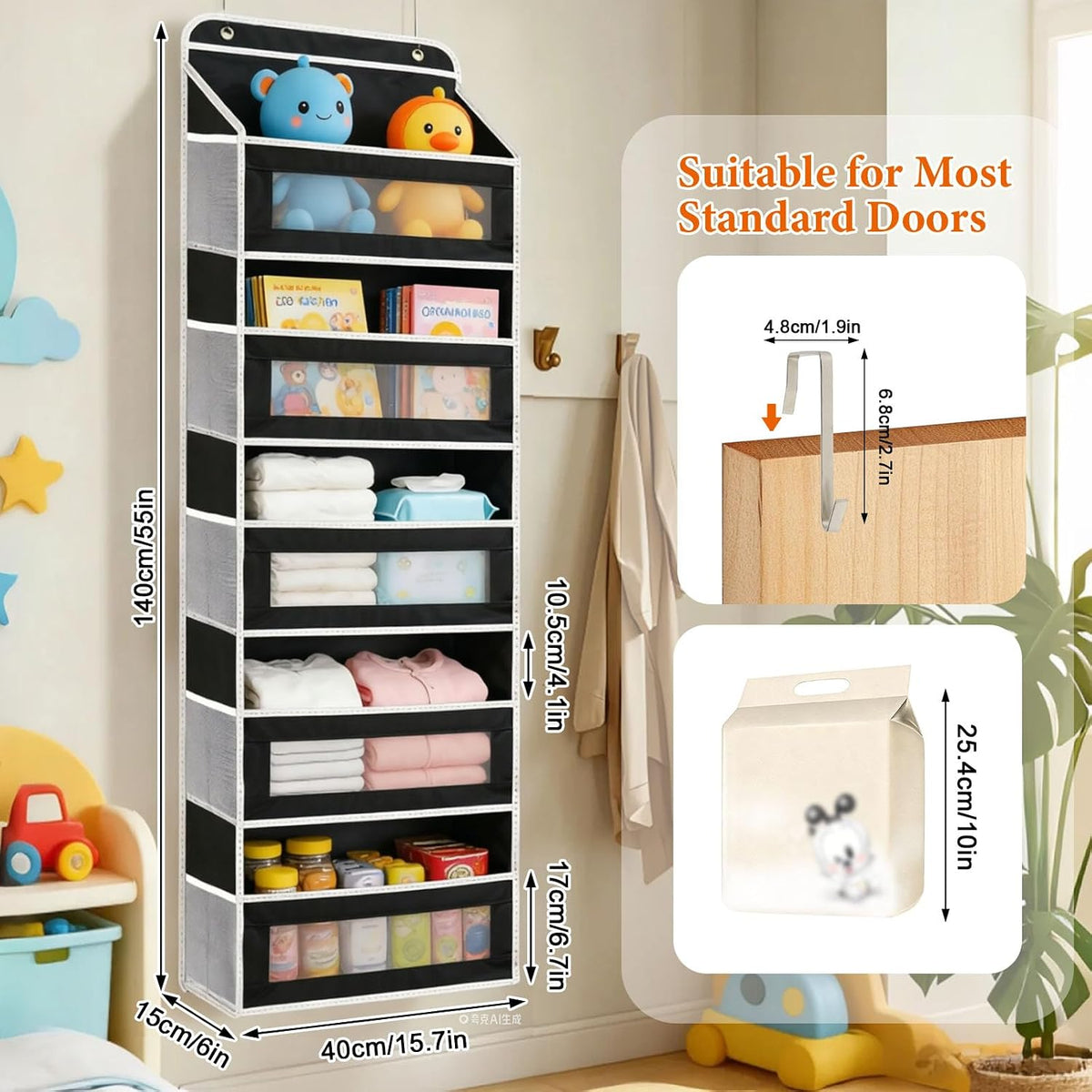 SWIND Over the Door Organizer 5-Tier, Heavy Duty Behind Door Storage, Anti-Tilt Capacity, Door Hanging Organizer with Clear Window for Closet, Bathroom, Nursery, Bedroom, Pantry, Shoe Diaper (Black)