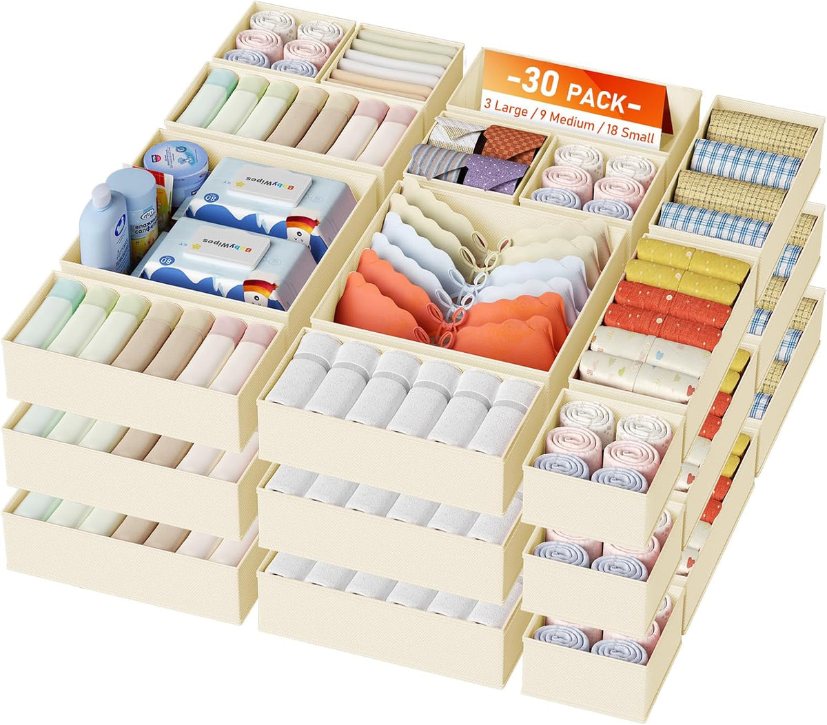 DIMJ Drawer Organizer Clothes Storage - 30 Pack Baby Dresser Organizer for Nursery, Foldable Closet Drawer Organizer Bins for Bedroom Organization, Fabric Storage Dividers for Socks, Underwears, Bras