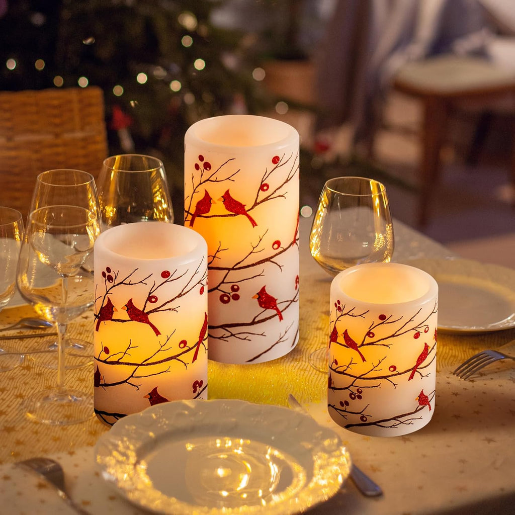 Cardinal Flameless Candles with Timer, Battery Operated Led Flickering Light, Red Bird Real Wax Pillar Candles for Christmas Home Decoration(Set of 3, 3”x4”5”6”)
