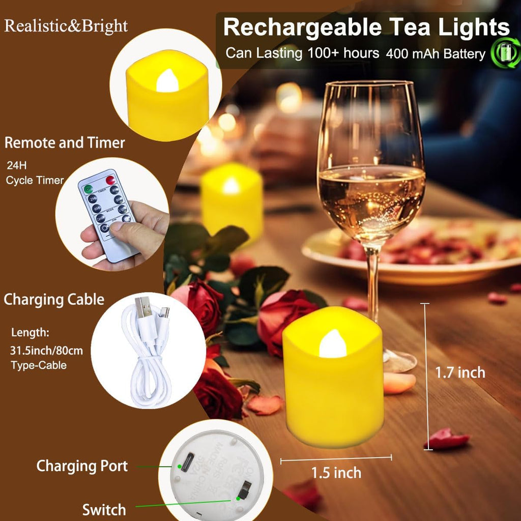 6 Pack Rechargeable tea lights with Remote Timer & Charging Base, Realistic Flickering Flameless Votive Led Tea Lights Candles, Tealights Candles for Wedding,Halloween,Christmas,Home Decorations