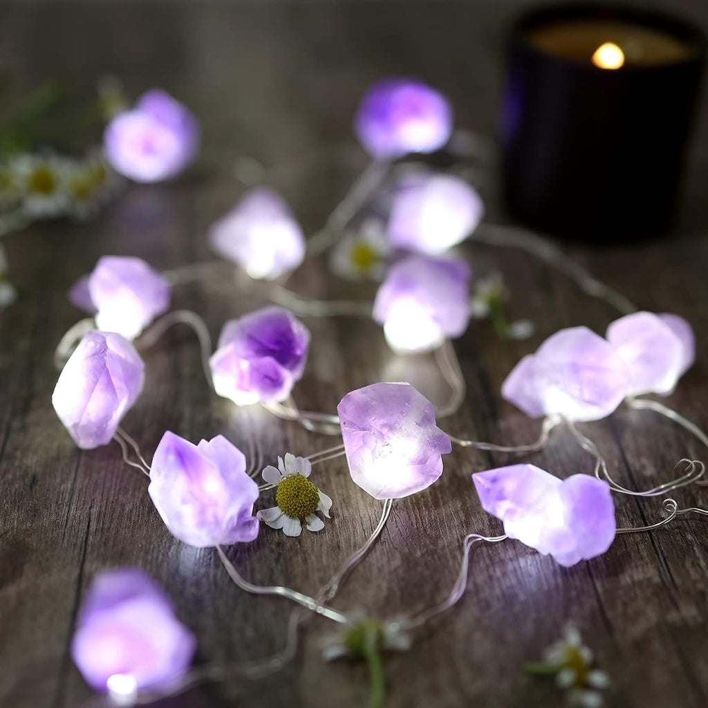 Natural Amethyst Crystal Color-Changing Fairy Lights, 10ft 30 LED with Remote Control. USB or Battery Operated, Decorative Geode String Lights for Bedroom, Christmas, and Spiritual Decor