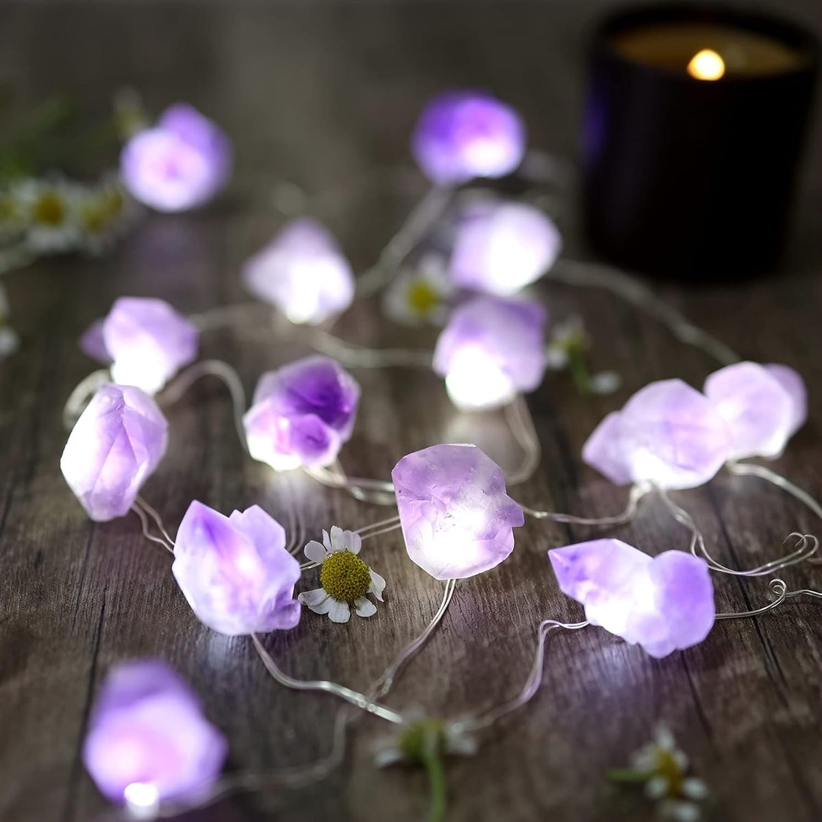 Natural Amethyst Crystal Color-Changing Fairy Lights, 10ft 30 LED with Remote Control. USB or Battery Operated, Decorative Geode String Lights for Bedroom, Christmas, and Spiritual Decor