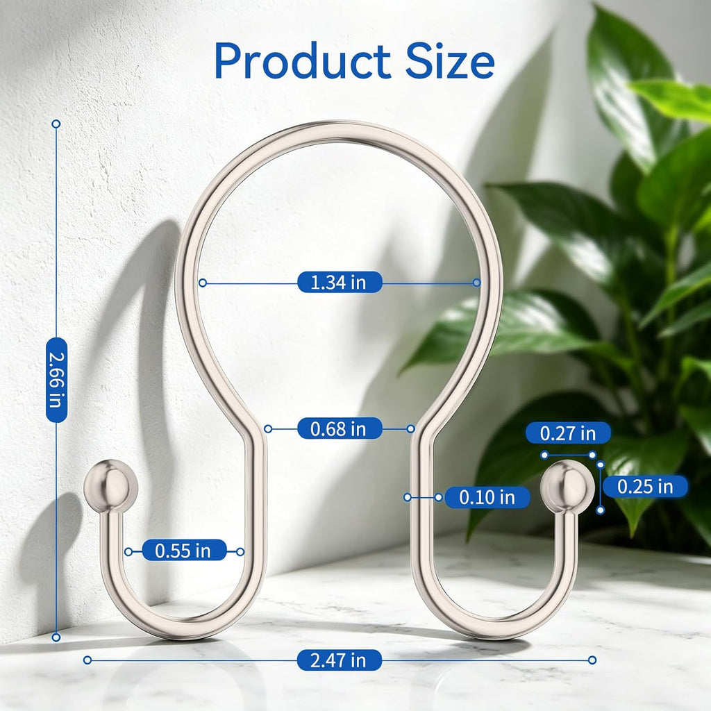 OEH Shower Curtain Hooks, 12 Pcs Minimalist Shower Curtain Rings, Metal Shower Curtain Hangers, Double Hook Shower Curtain Hooks Rust Proof, Glide Smoothly Shower Hooks for Shower Curtain Rod, Nickel