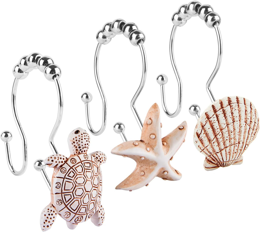 Double Shower Curtain Hooks,12Pcs Seashell Decorative Shower Curtain Rings