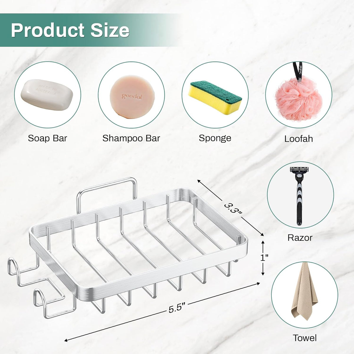 Stainless Steel Adhesive Soap Bar Holder for Shower Wall with 2 Hooks