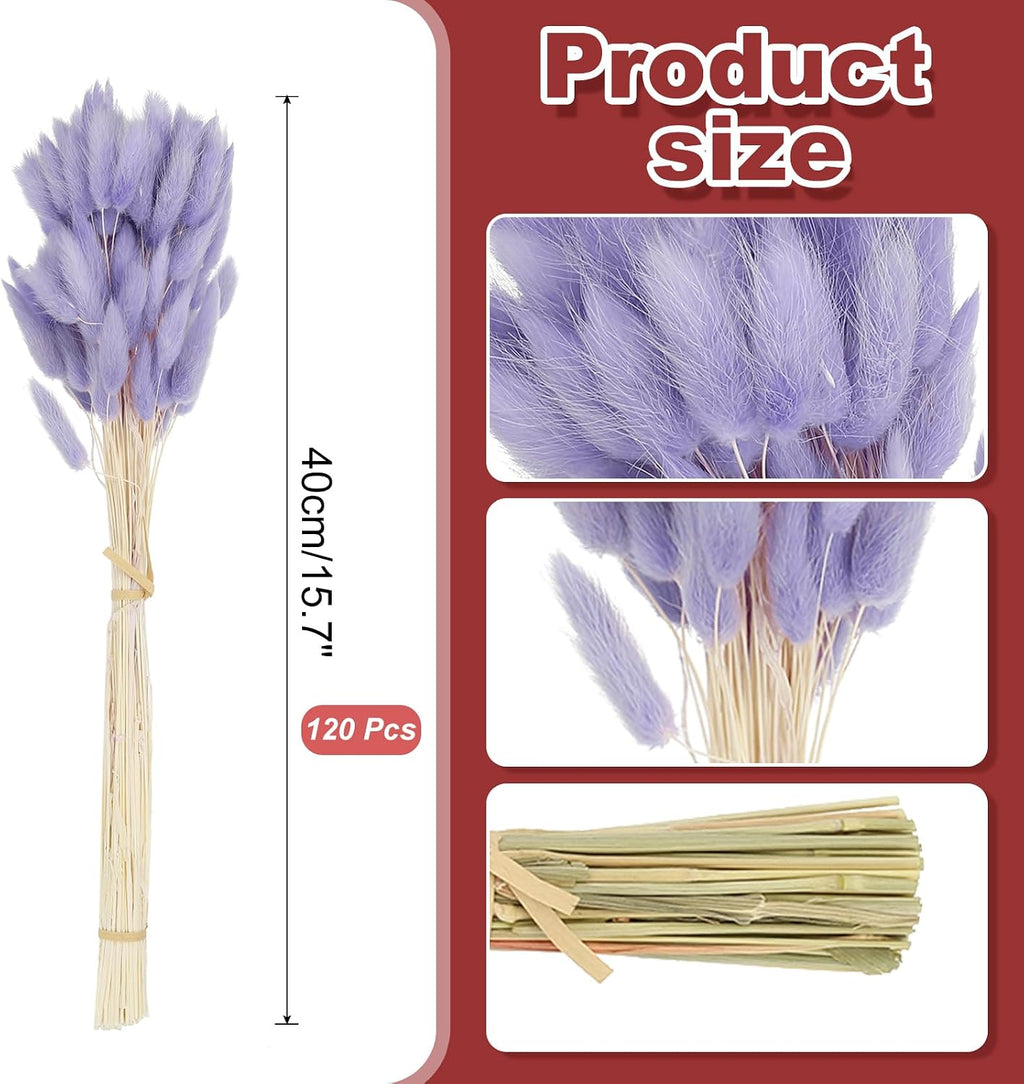 PATIKIL 15.7in Bunny Tails Dried Flowers, 120pcs Pampas Grass Decor Rabbit Tail Natural Pampas Grass Bulk Fluffy Faux Pampas Grass Dried for Home Boho Decor Vase Wedding Table, Purple