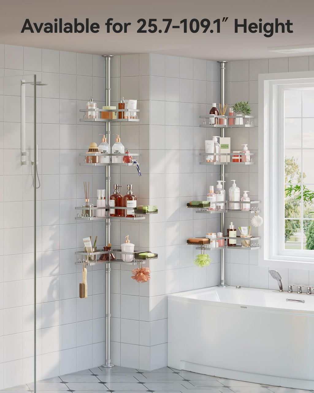 YASONIC Corner Shower Caddy Tension Pole, Adjustable Shower Shelves, Rust-Resistant Shower Organizer, No-Drill 3-Step Installation, Bathroom Shelves for Renters & Family, Silver