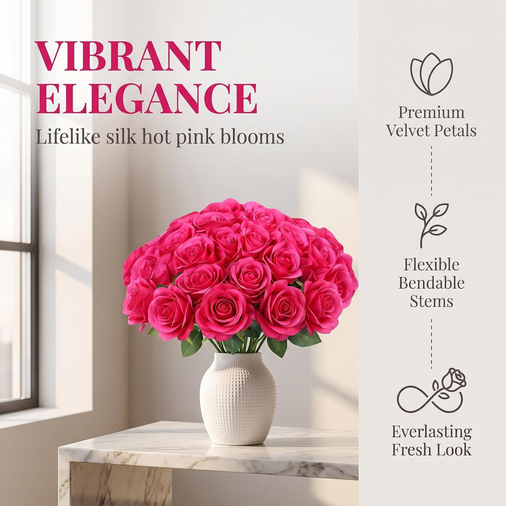 LVEFIT 50Pcs Hot Pink Flowers Fake Roses Artificial Flowers Realistic