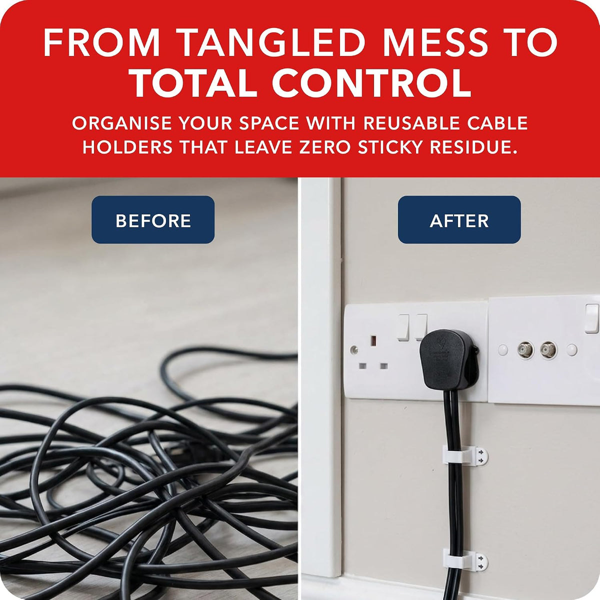 Takker - 4 x Cable Holder Tidy with 8 x Sticky Strips | Cable Hooks, Strong Adhesive, Easy Application, Damage-Free Removal, Re-Useable, No Sticky Residue, for Home, Bathroom, Kitchen, Walls