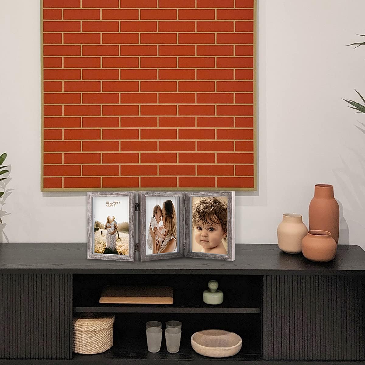 5x7 Triple Hinged Picture Frames Shadow Box MDF Wood Grey with Real Glass 3 Vertical Opening Family Lover Gift
