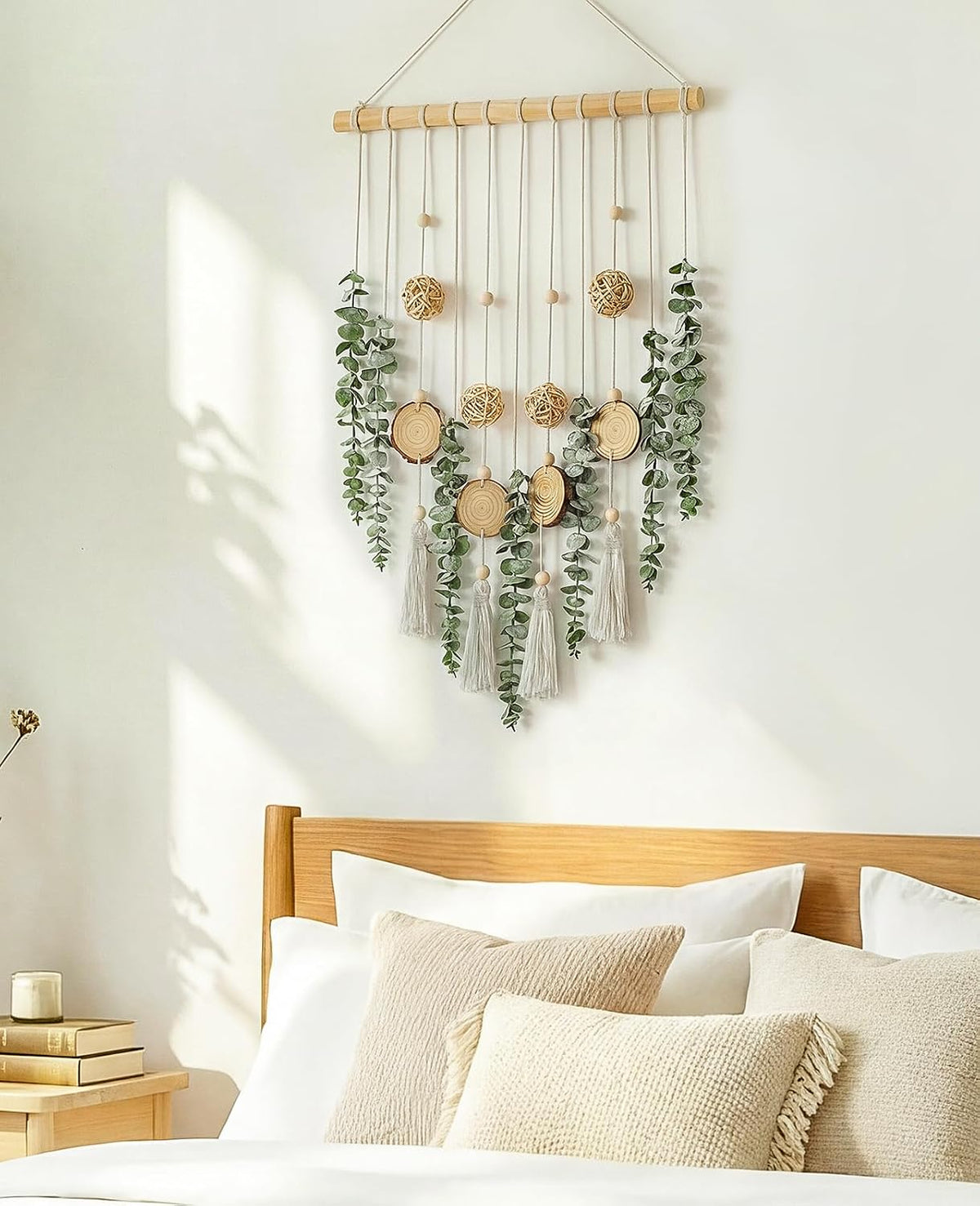 Fake Hanging Eucalyptus Wall Decor with Fake Greenery Leaves, Stems, and Wicker Ball, Artificial Eucalyptus Wall Hanging for Bathroom, Living Room, Bedroom Decor (24" L x 16" W)