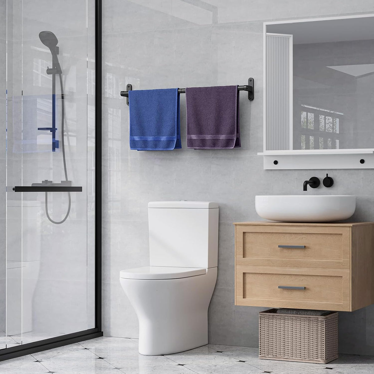 Powools Matte Black 24" Towel Rack, Rustproof Wall Mounted Towel Bar