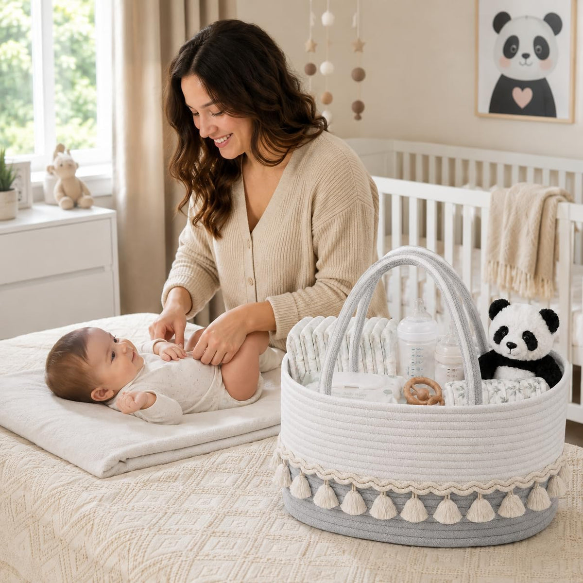 Cotton Rope Baby Diaper Caddy Basket with Handles, Grayish White