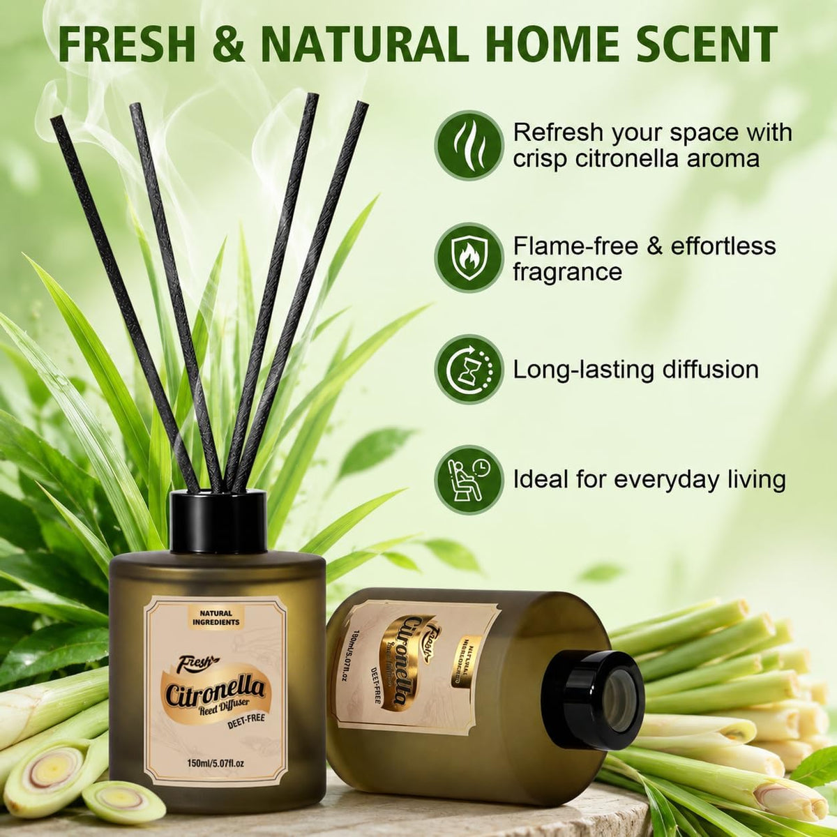 SCENTORINI Lemongrass Reed Diffuser Set with 12 Sticks for Summer, 10 fl oz