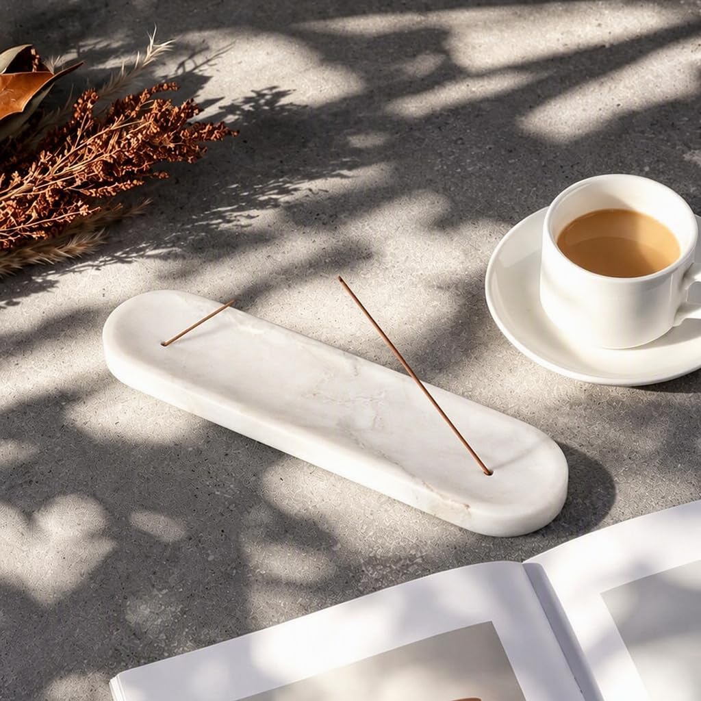 Koville Marble Incense Holder, Natural Stone Incense Holder for Sticks, Marble Incense Tray Ash Catcher for Meditation Yoga SPA, Elegant Incense Burner, Home Table Decor(Bianco Palomino