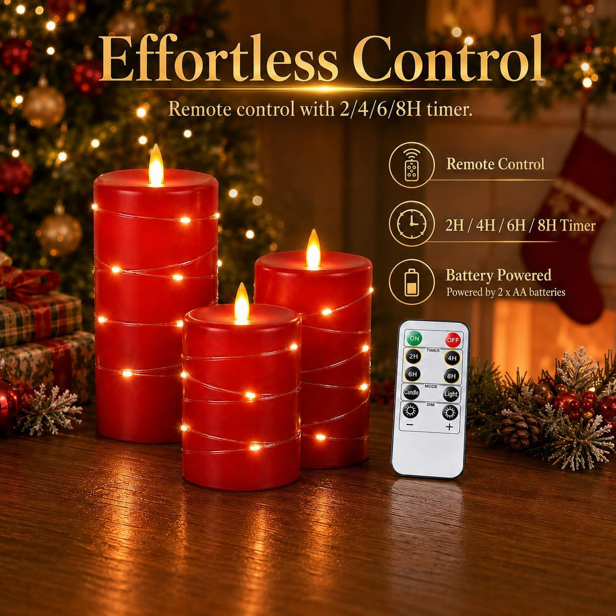 3 Pack Red Real Wax Flameless Taper Candles, Realistic Flickering LED Candles with Surrounding Fairy String Lights, Soft Warm Battery Candle Lights with Remote for Holiday Wedding Indoor Outdoor Decor