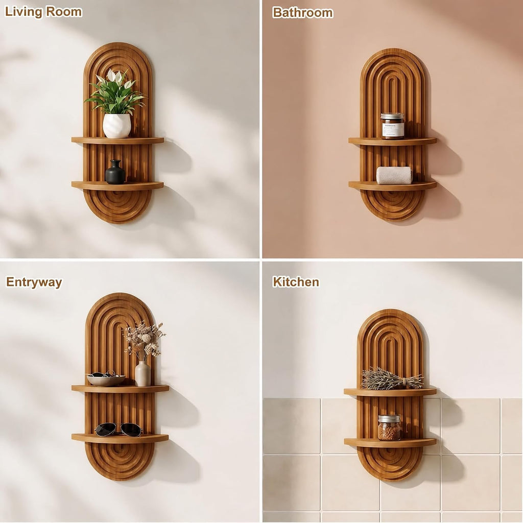 Boho Wall Decor Brown Plant Wall Shelf, 16.9in Walnut Floating Shelves for Wall, 2 Tier Mid Century Modern Decor Hanging Plant Shelf for Home, Bedroom Living Room Office Decoration