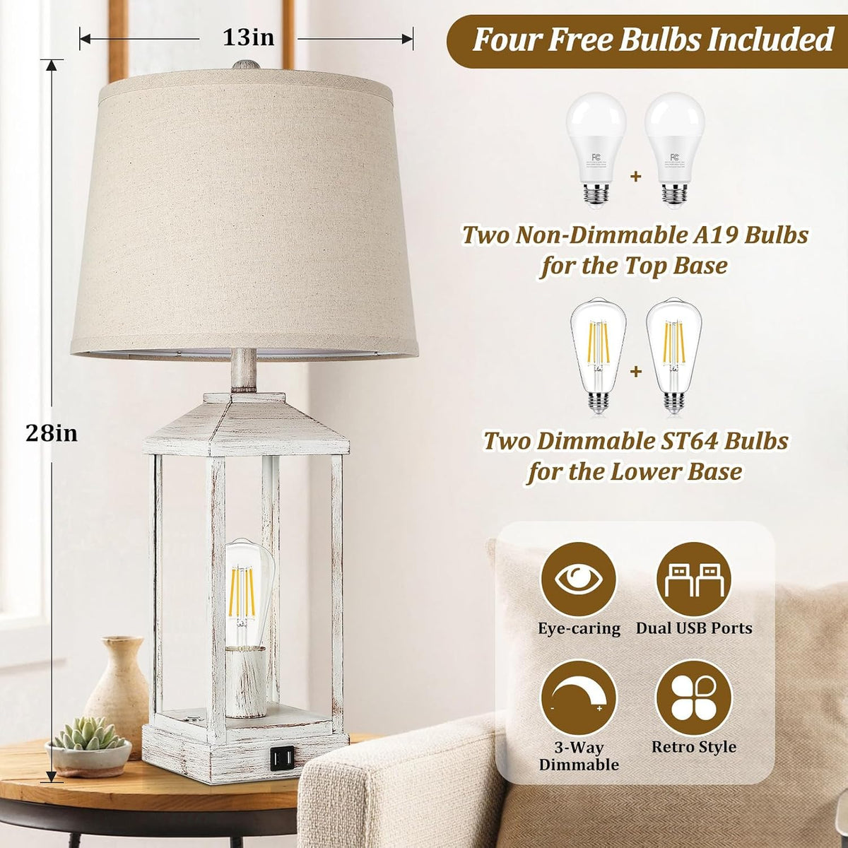 28" Farmhouse Table Lamps for Living Room Set of 2, 3-Way Dimmable Bedside Lamp with USB Ports, White Rustic Touch Control Nightstand Lamps for Bedroom, Modern Desk Lamp for Office, 4 Bulbs Included
