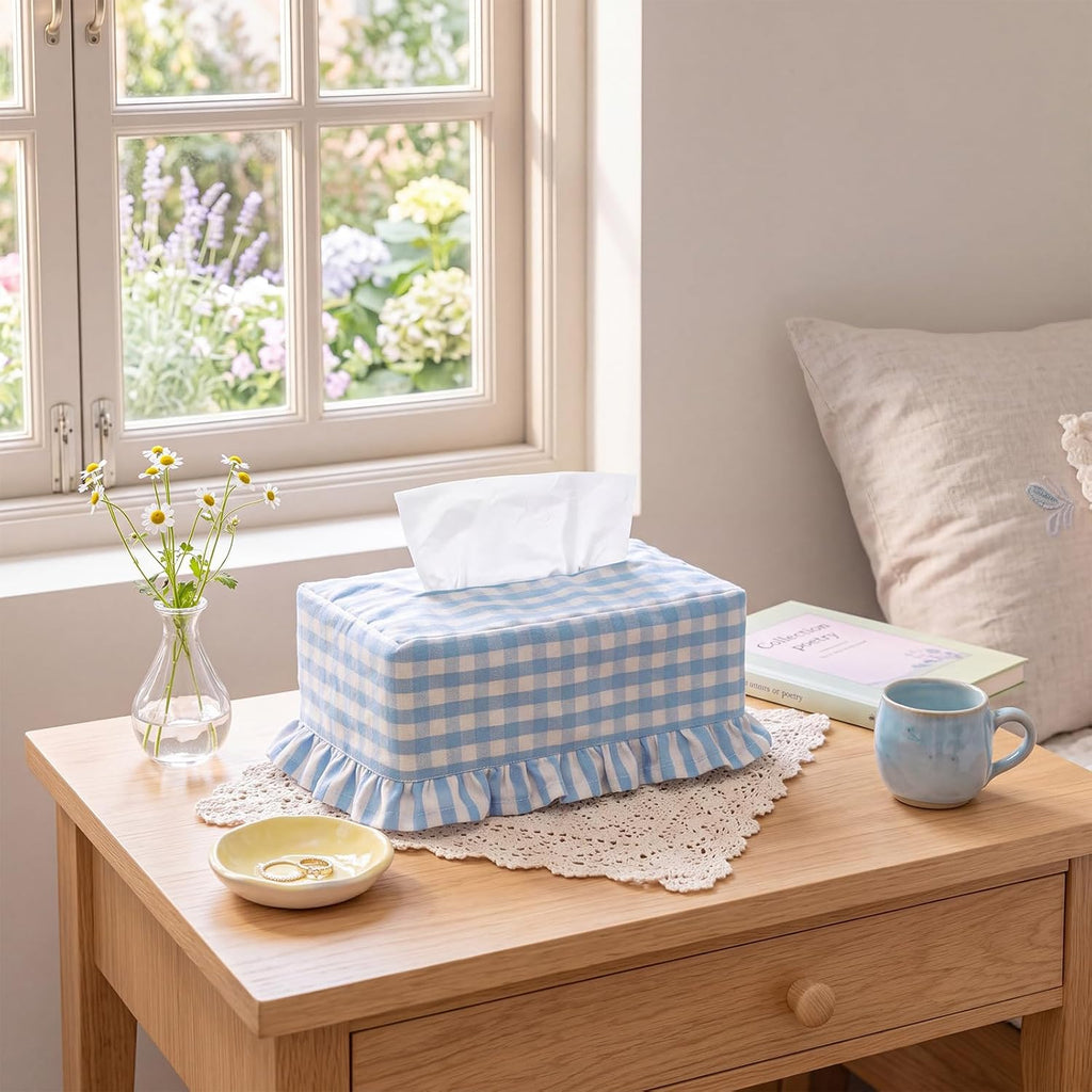 Blue Gingham Ruffle Tissue Box Cover, Rectangle