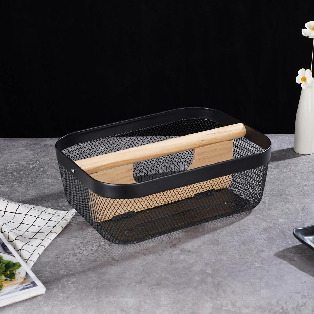 AJIODA Metal Mesh Steel Storage Basket, Garden Harvest Wire Organizer Basket Multi-functional Kitchen Fruit Basket with Wooden Removable Partition & Handle for Bathroom Picnic Decor Cabinet, Black