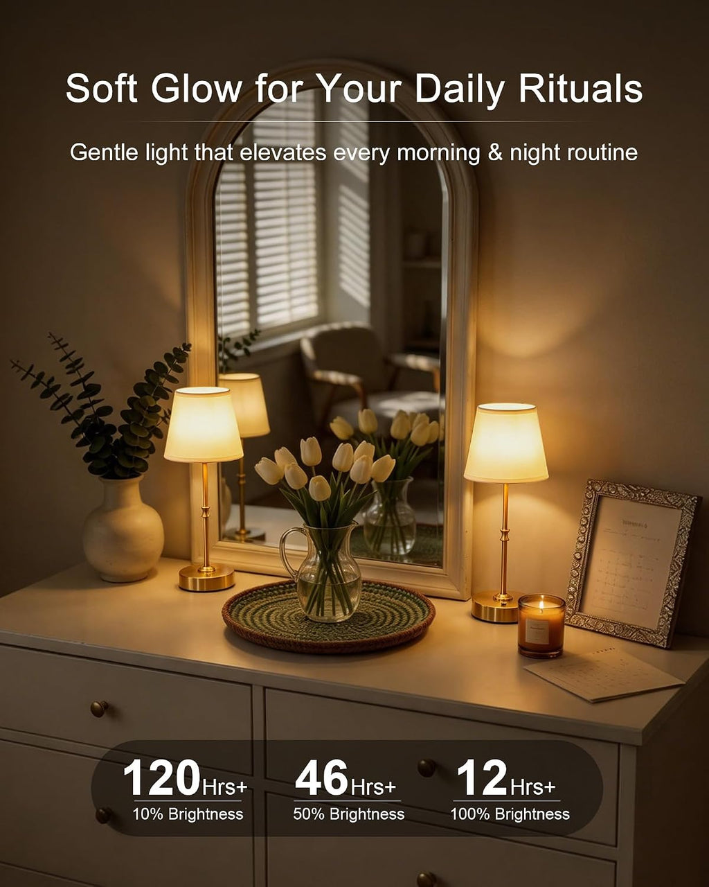 EppieBasic Cordless Table Lamp Rechargeable: Fast Charging & Long Lasting - 2700K Warm Light Vintage Gold Lamps for Women Housewife - Dinning Living Room Bedroom - 2 Pack