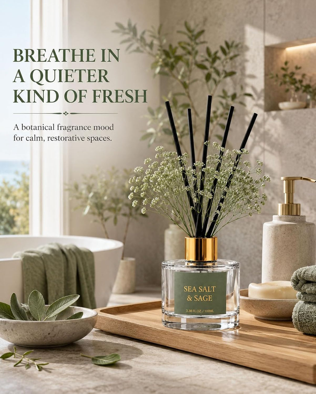 Reed Diffuser Set, Sea Salt Sage, 3.38 fl oz with 6 Sticks