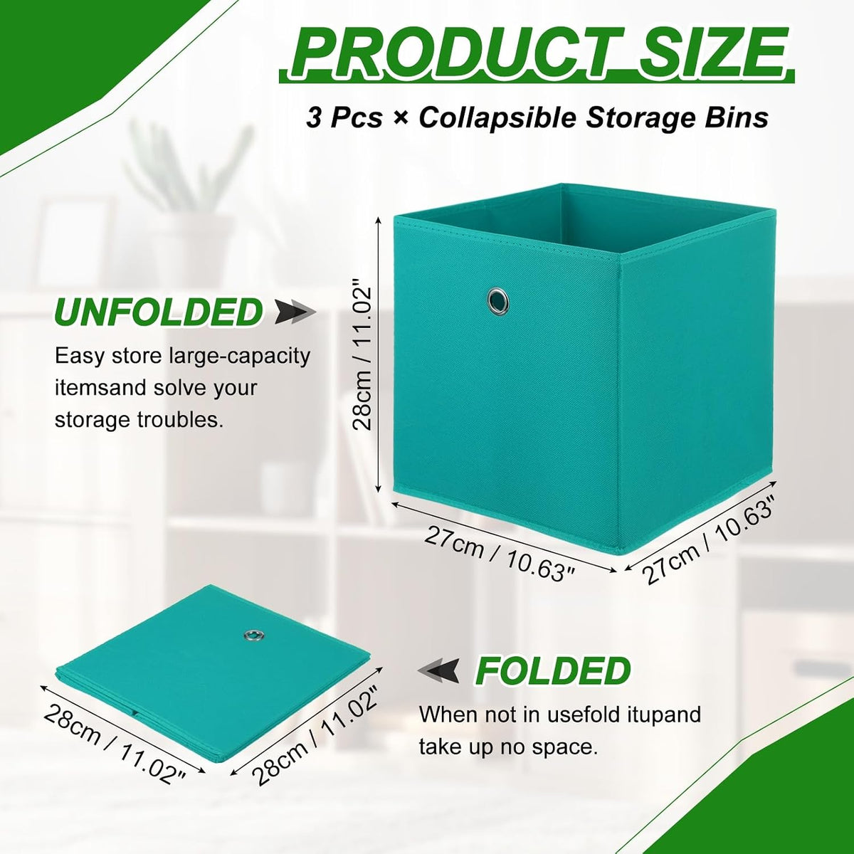 uxcell 3 Pack Storage Cubes 11x11x11 for Organizing Peacock Green
