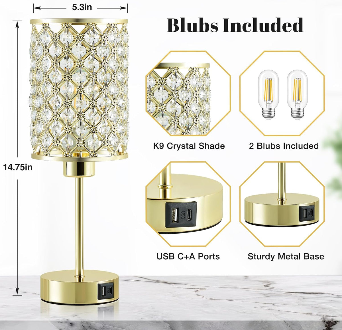 GyroVu Gold Crystal Bedside Table Lamps Set of 2 with USB C+A Ports