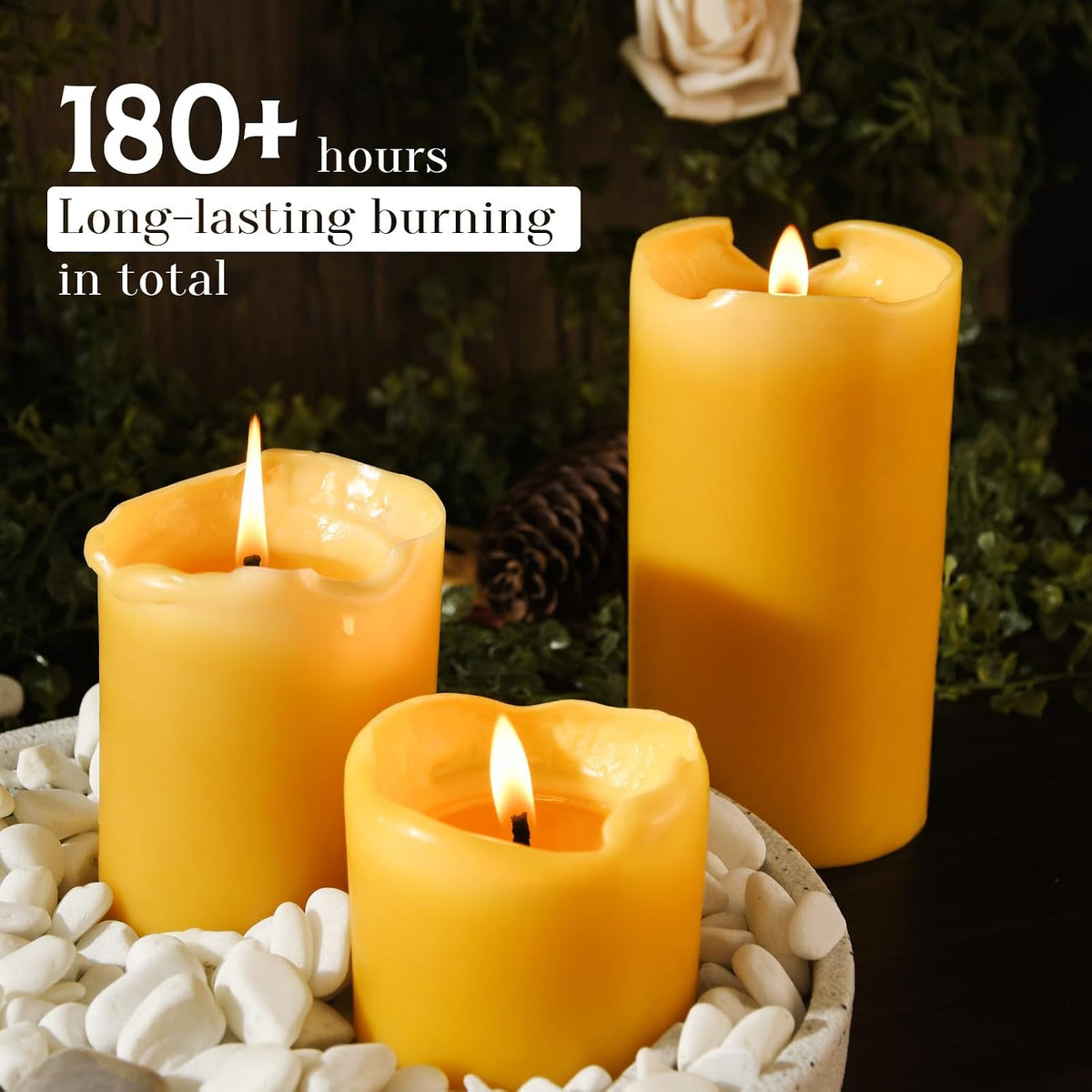 Set of 3 Natural Beeswax Pillar Candles - 3 inch Wide, Yellow, Unscented