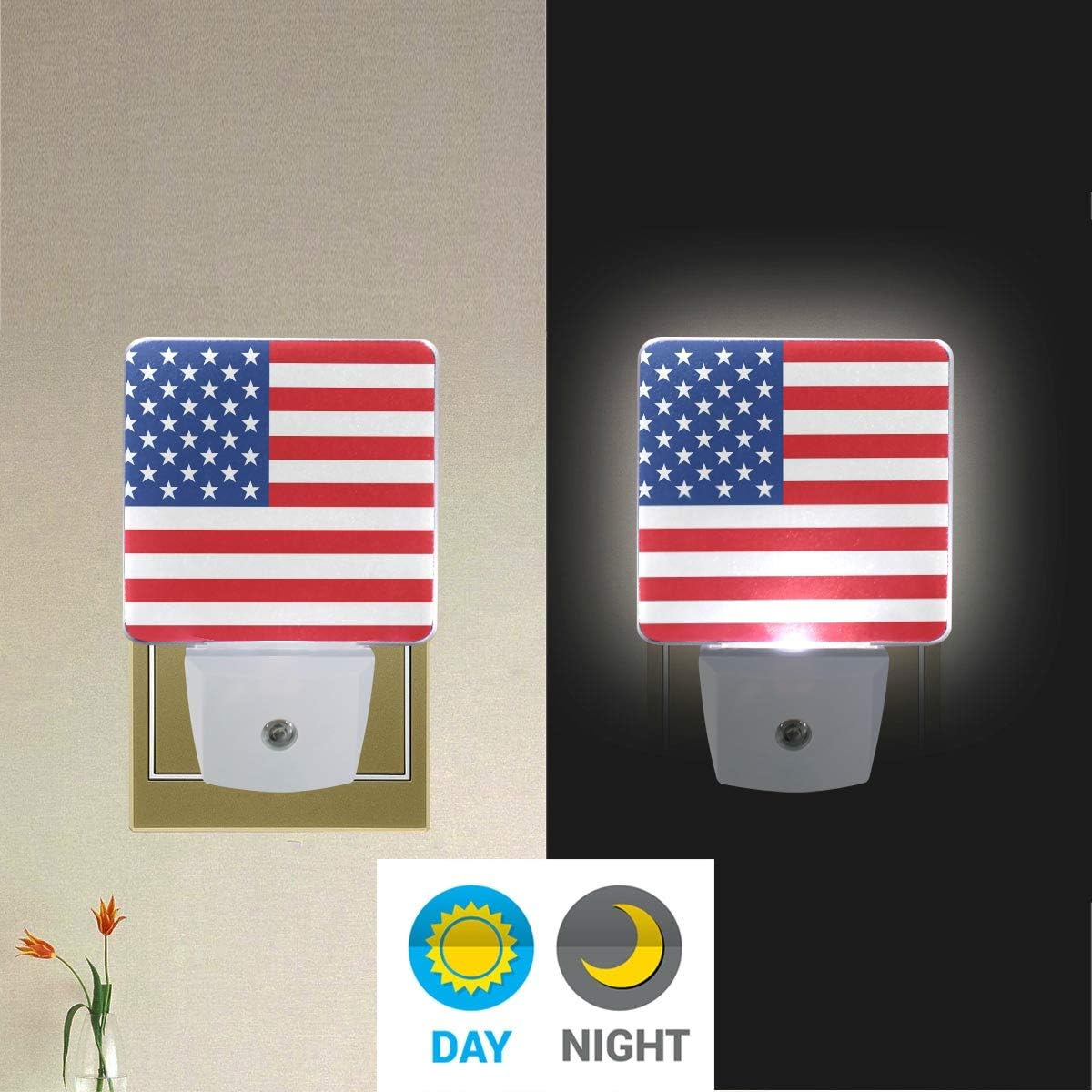 Naanle Set of 2 American Flag Patriotic USA Independence Day 4Th of July Auto Sensor LED Dusk to Dawn Night Light Plug in Indoor for Adults