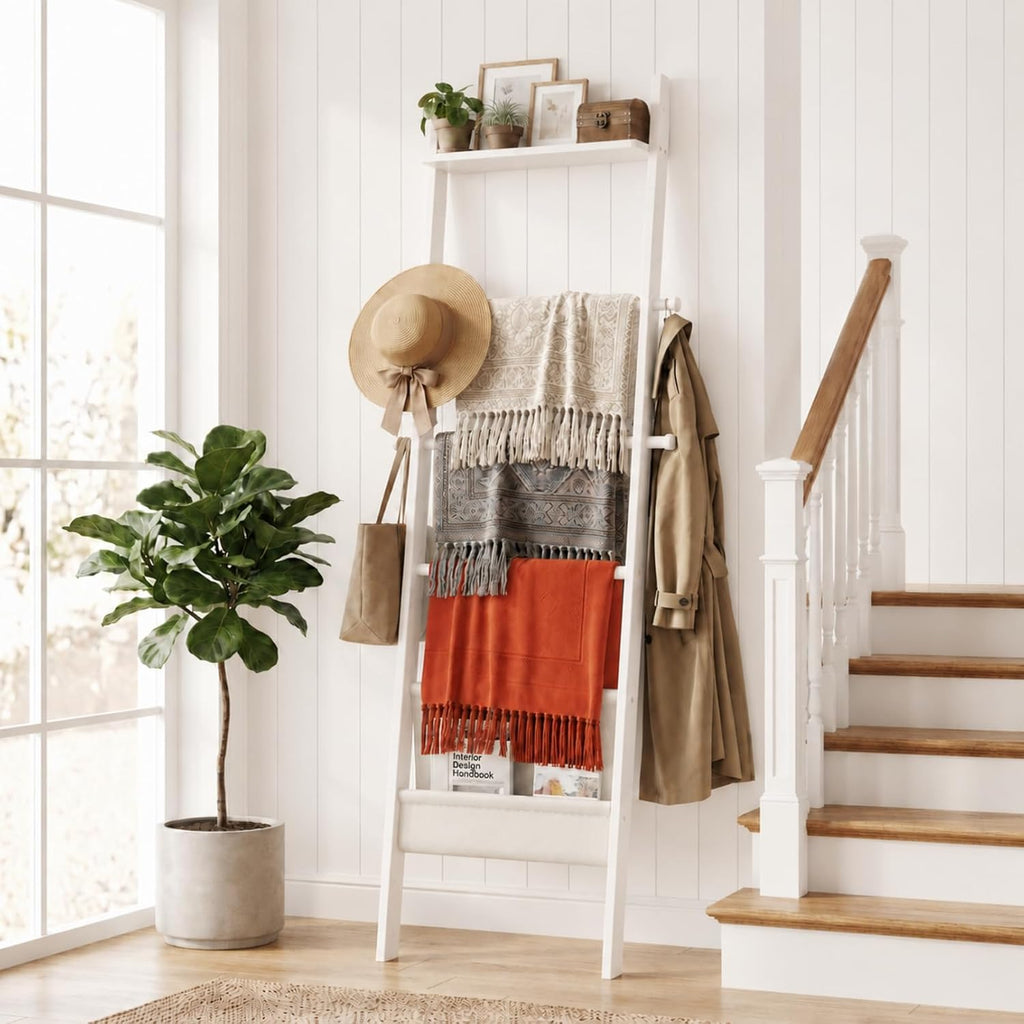 BAMBANG 71" 4-in-1 Blanket Ladder for Living Room, 5-Tier Leaning Bamboo Decorative Towel & Quilt Rack with Magazine Leather Pocket, 4 Detachable Hanging Bars, Space-Saving Shelf for Bedroom (White)