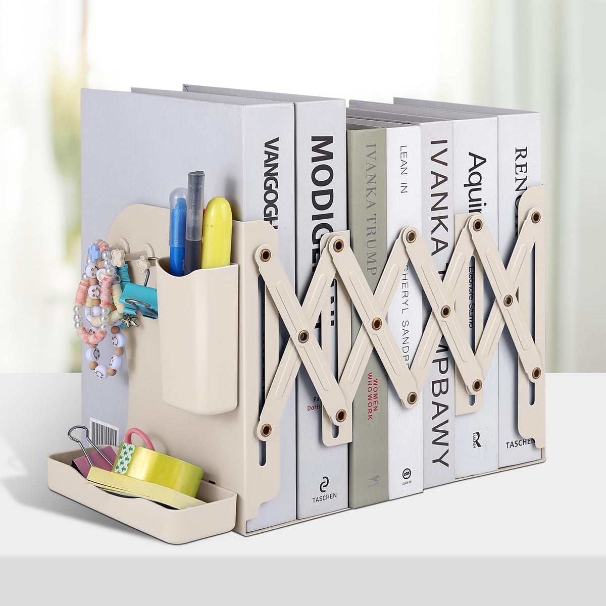 Honagu Adjustable Bookends, Metal Book Ends for Shelves Heavy Book, Bookend for Home, Office, Books, Papers, Book Stopper with Removable Hook, Pen Holder, Gifts for Students, Teachers（Milky White）