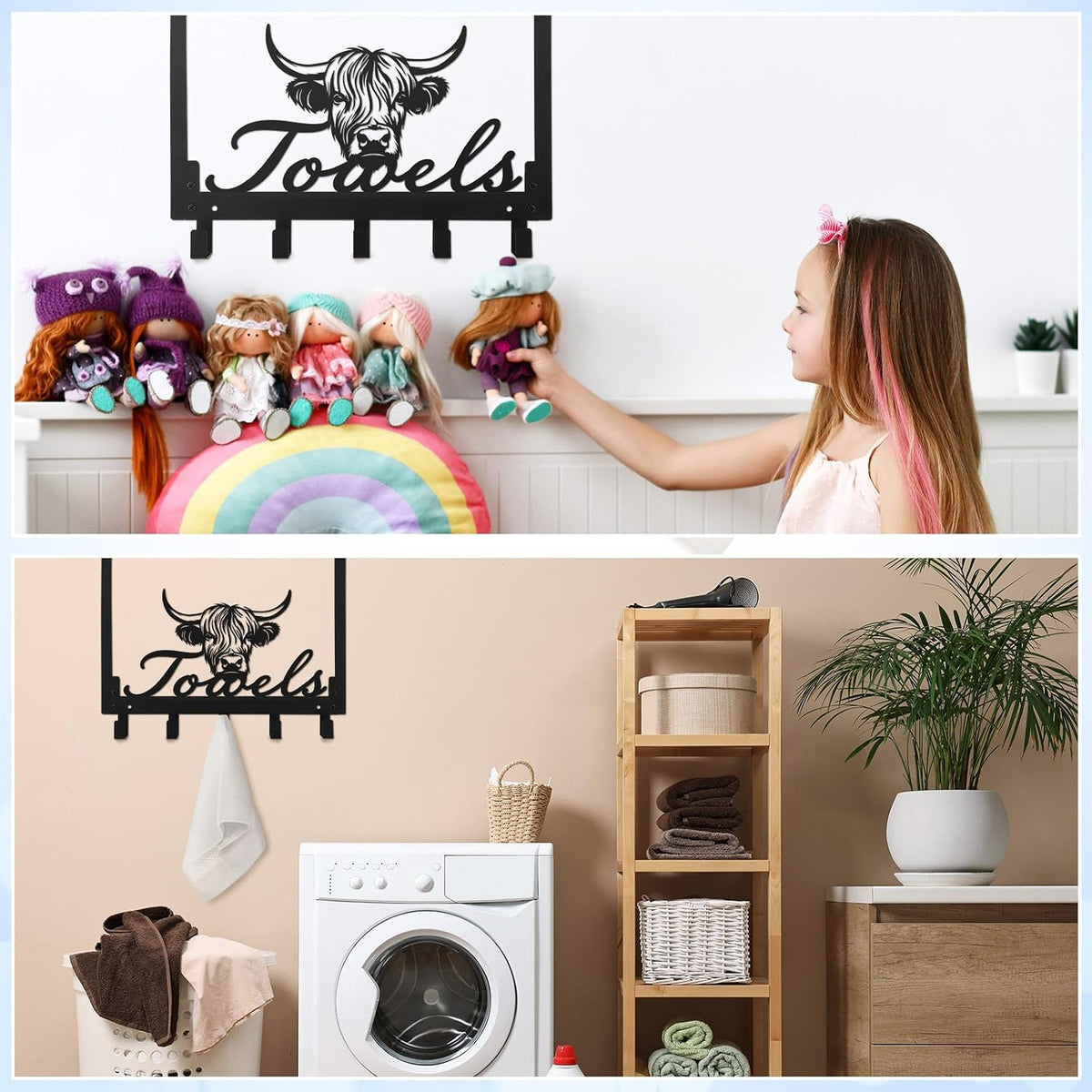 Kathfly Cute Chibi Highland Cow Over the Door Hooks Towel Hooks Heavy Duty Hanging Towel Rack Over Door Hanger, 5 Coat Hanger for Bedroom Bathroom Kitchen