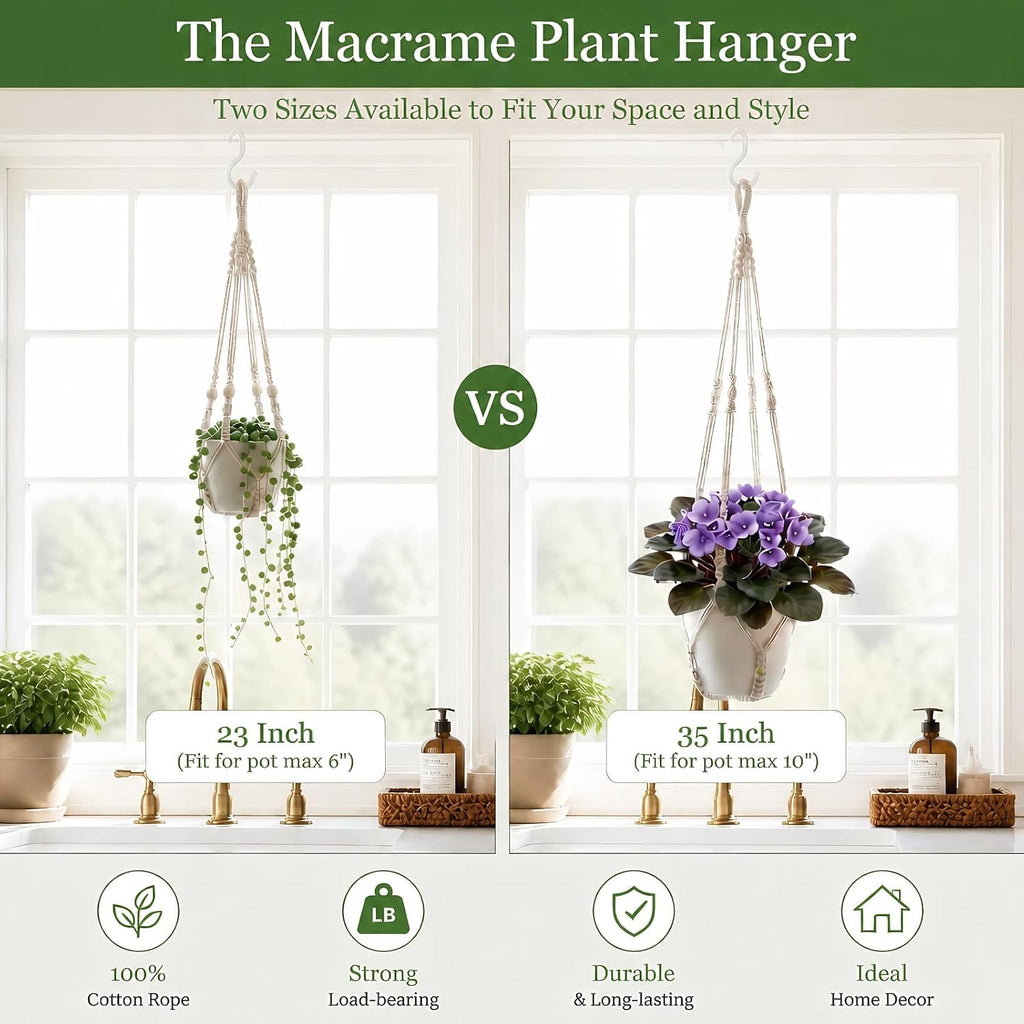 Macrame Plant Hanger Indoor, 23" No Tassel Hanging Plant Holder, Sturdy Flower Pot Holder with 2 Hooks - Ivory (Pot NOT Included)