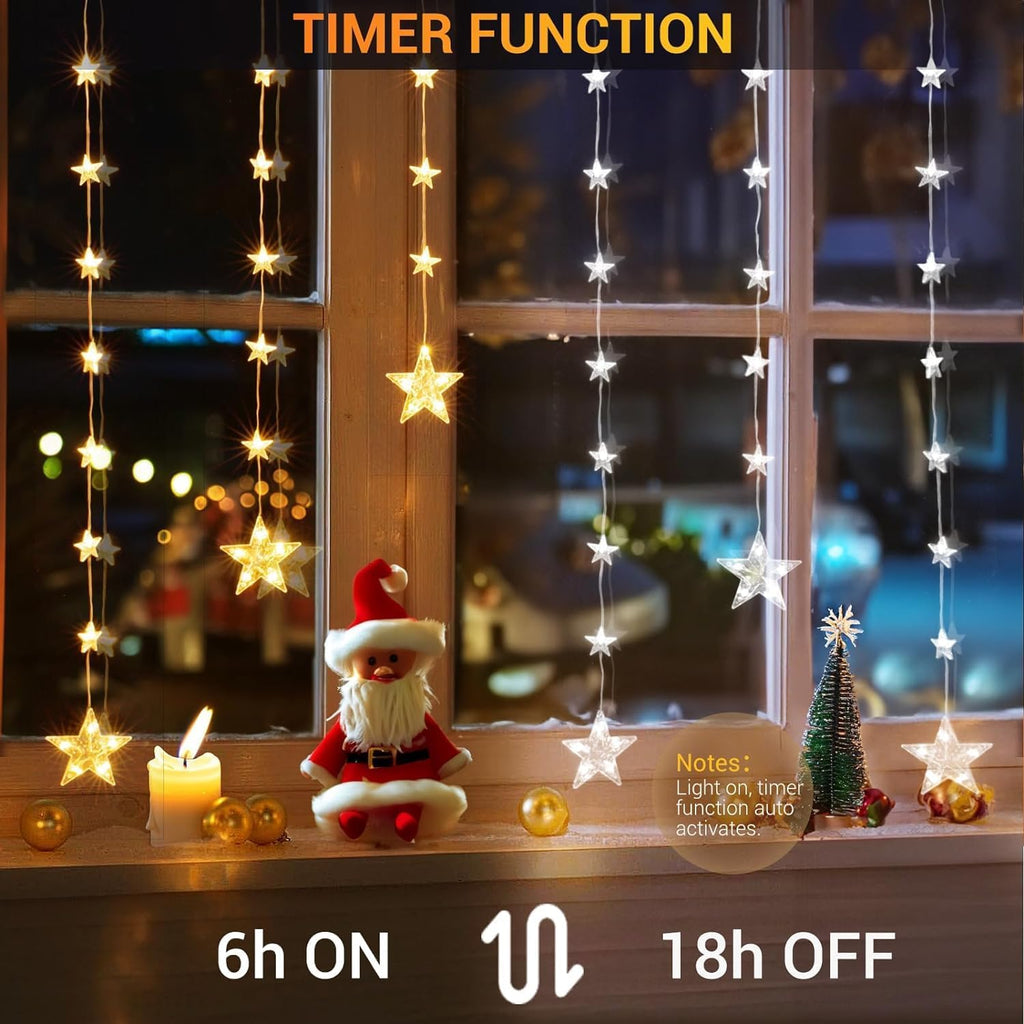 Marchpower Christmas Stars Curtain Lights Battery Operated,32 Stars Warm White Multicolored Color Changing Star Window Lights with Timer & Memory Function 8 Flash Modes, IP65 Waterproof Lights