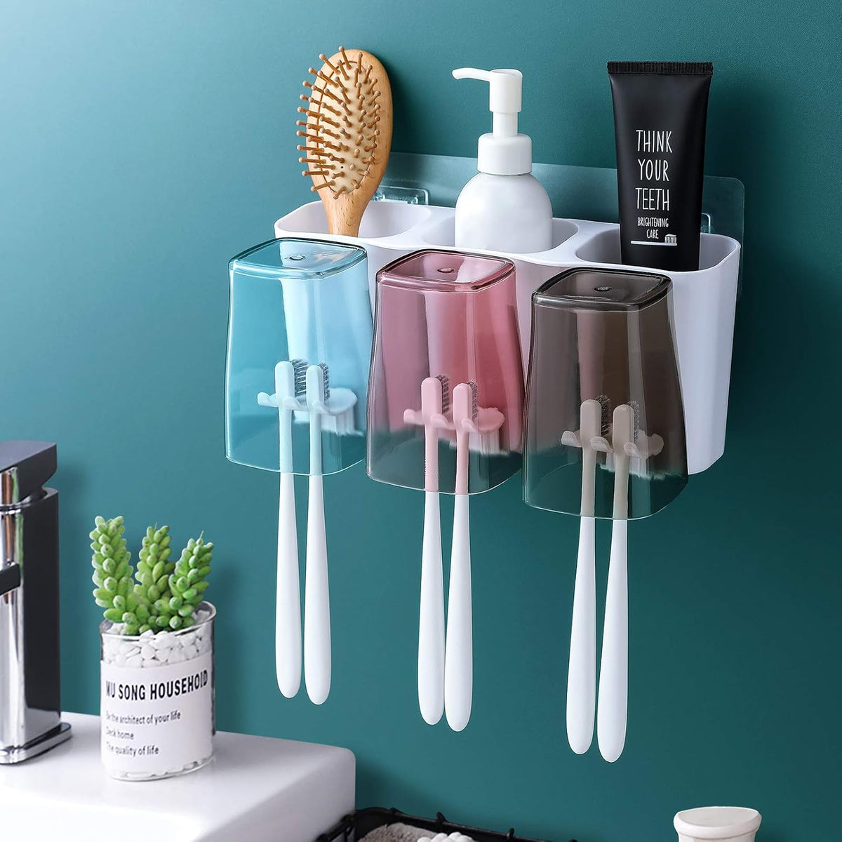 Goowin Toothbrush Holder for Bathroom, Eco-Friendly Mighty Large Capacity Toothbrush Holder Wall Mounted with 3 Square Cups for Family or Dormitory (Square Cup)