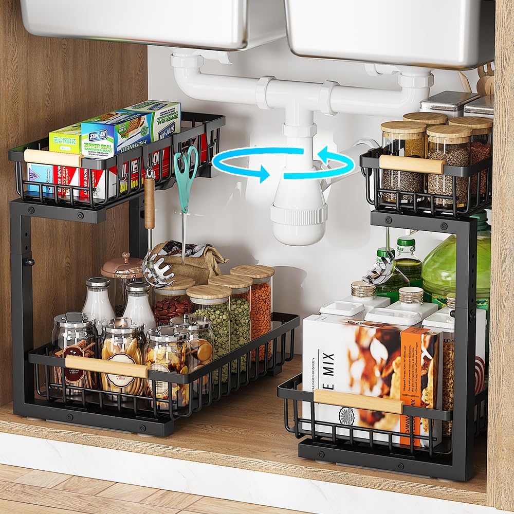 Under Sink Organizer, 2 Tier Metal Under Sink Organizers and Storage, Height Adjustable Slide out Pull out Cabinet Organizer for Kitchen Bathroom
