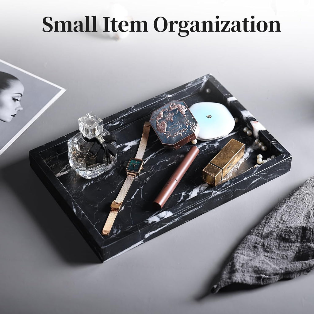YMXYJM Real Natural Marble Tray for Bathroom, Genuine Marble Stone Vanity Tray, Luxury Storage Trays for Kitchen, Vanity, Home Decor, Dresser, Non-Resin/Non-Ceramic, 12"x 8"x 1.2", Black