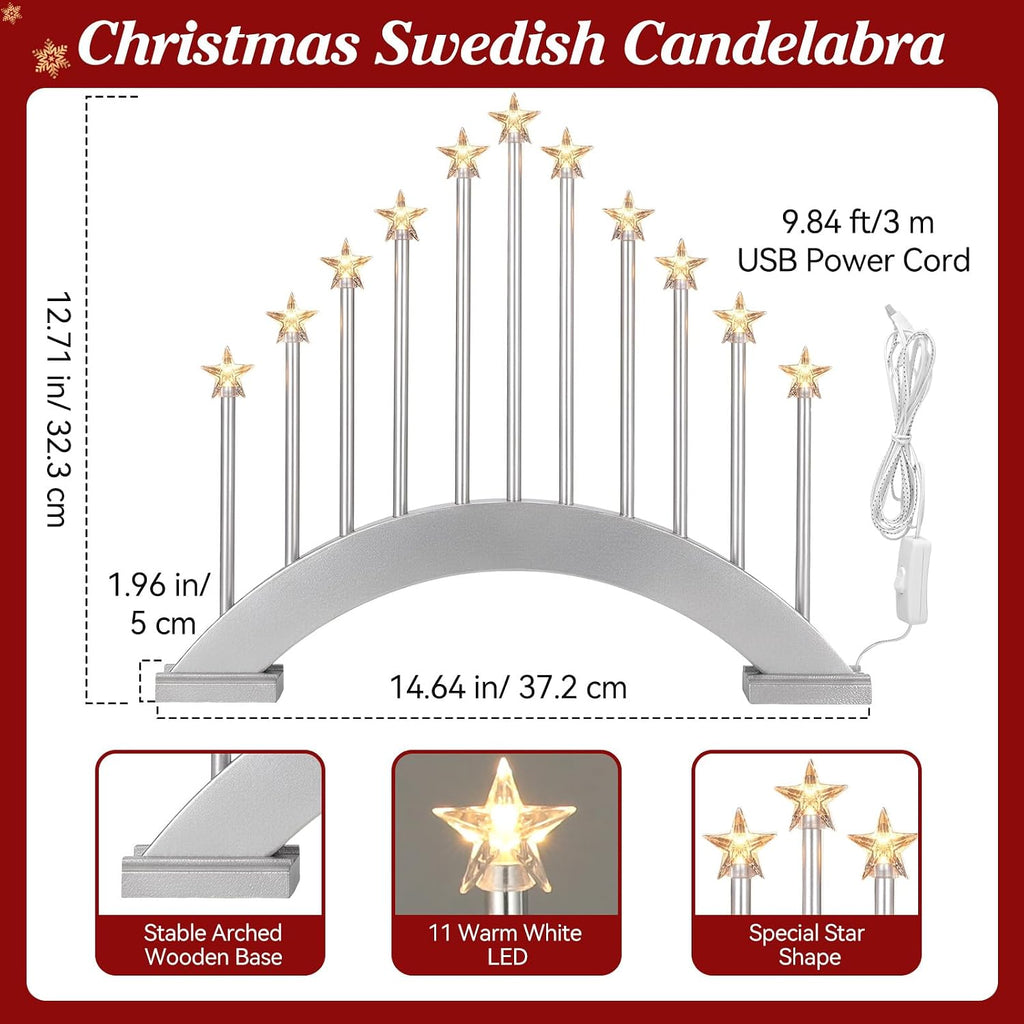 Lewondr Christmas Swedish Candelabra, 11 Flameless Taper Candles, Silver