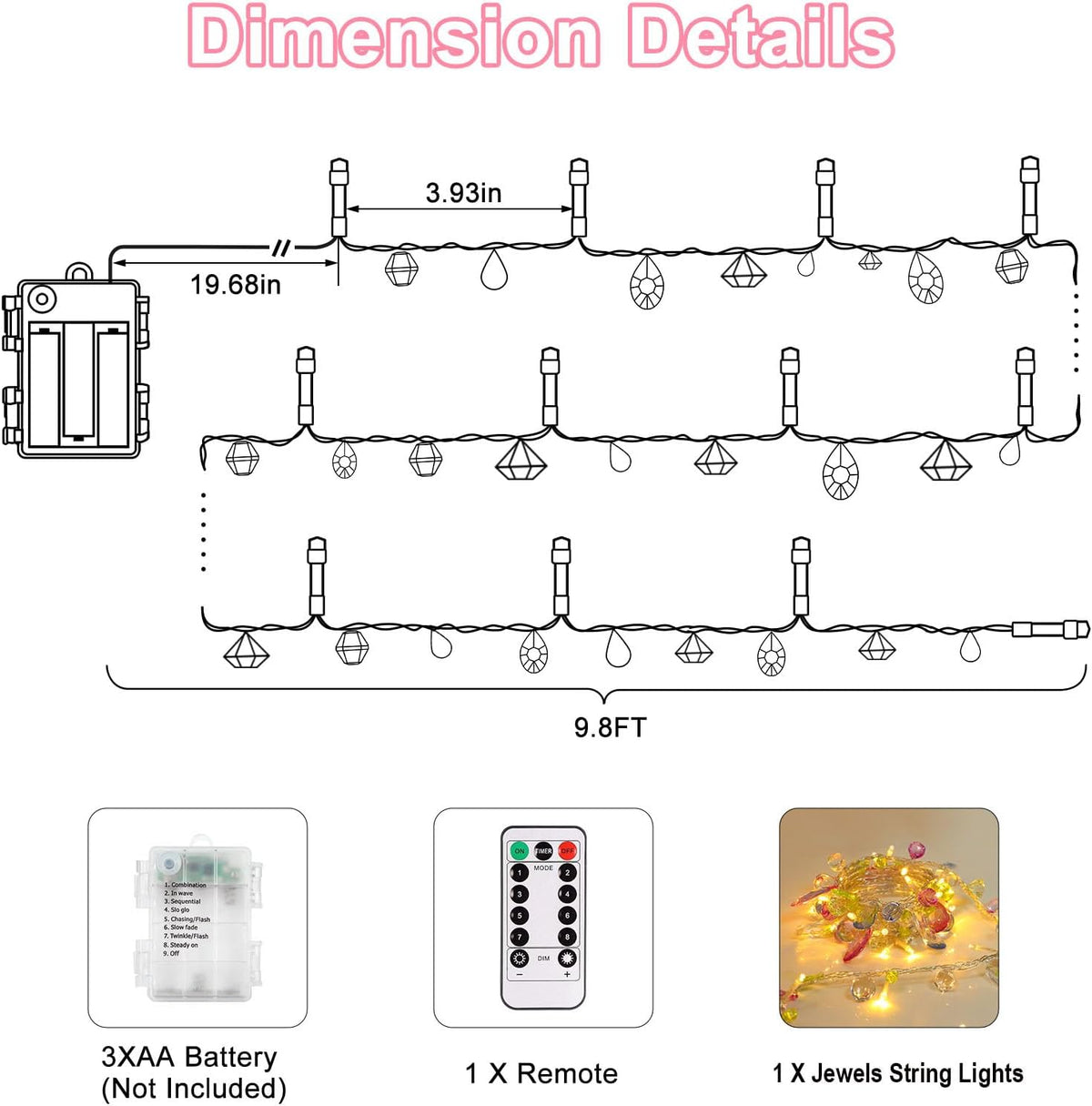 Battery Fairy String Lights Acrylic Gems Jewels String Lights with Remote