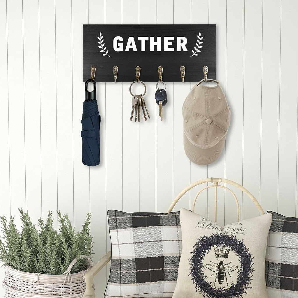 AHYS Key Holder Wall Mount Wooden Key Hanger with 6 Metal Hooks Rustic Home Wall Decor for Farmhouse Entryway Hallway Living Room Office Decorations - Black
