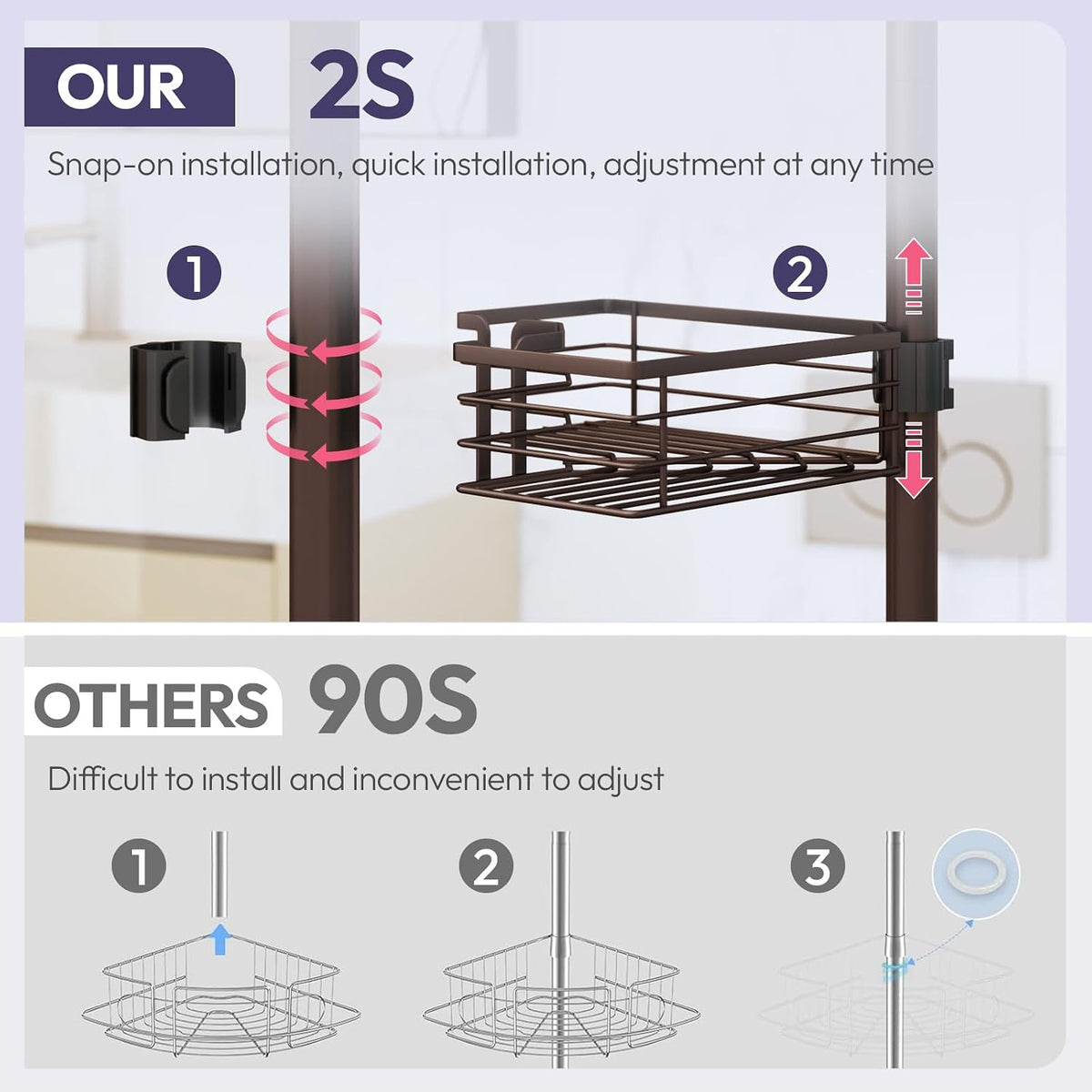 SWTYMIKI Shower Caddy Tension Pole - 4-Tier Corner Shower Organizer Tension Rod with Soap Holder, Toothbrush Holder & 4 Hooks, Adjustable Stainless Steel Bathroom Organizer 27.6 to 108.3 inch, Bronze