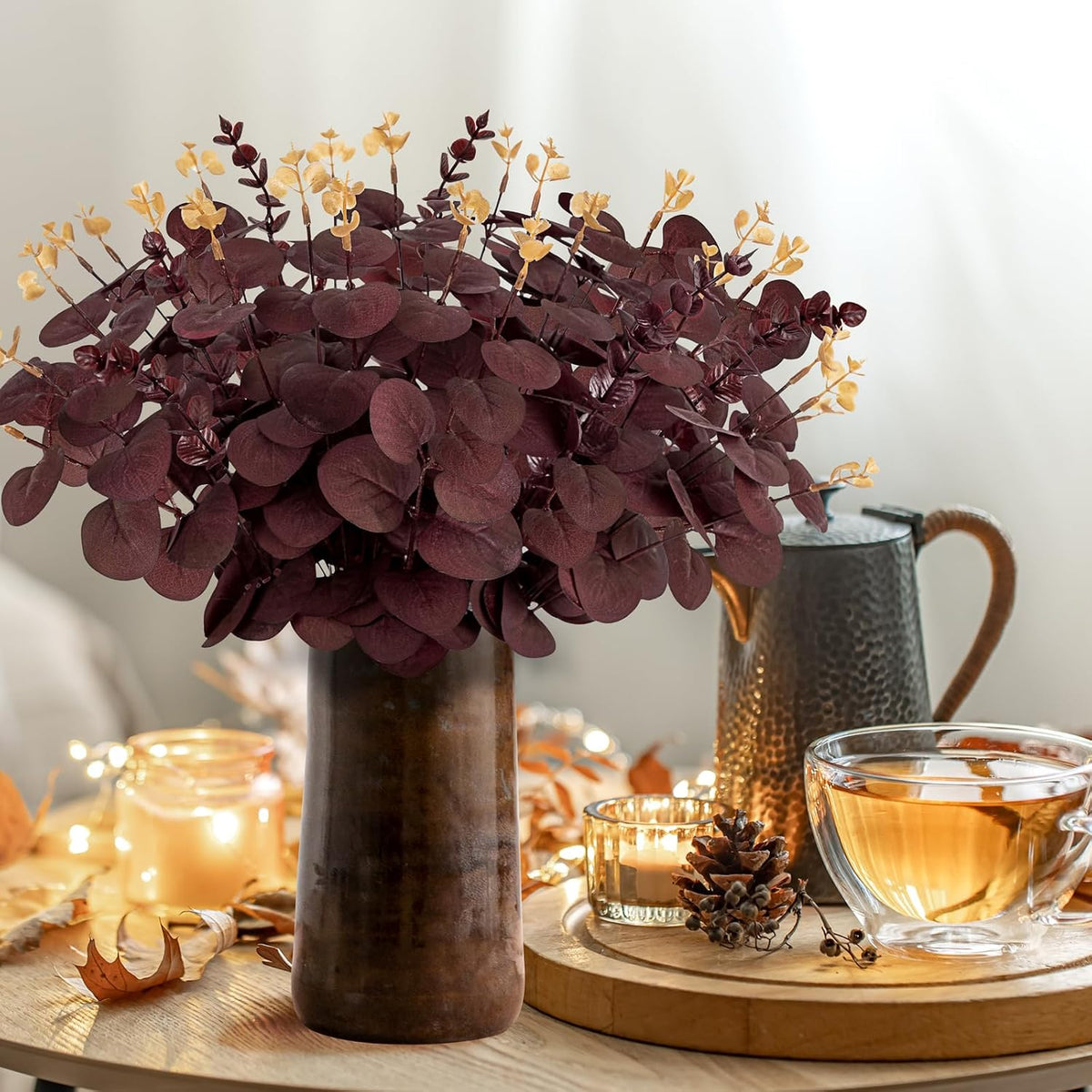 Yen Jean 20PCS Dark Wine Red Halloween Eucalyptus Stems Artificial Fake Flowers Bulk Decorations, Burgundy Branches for Indoor Table Centerpieces Party Supplies