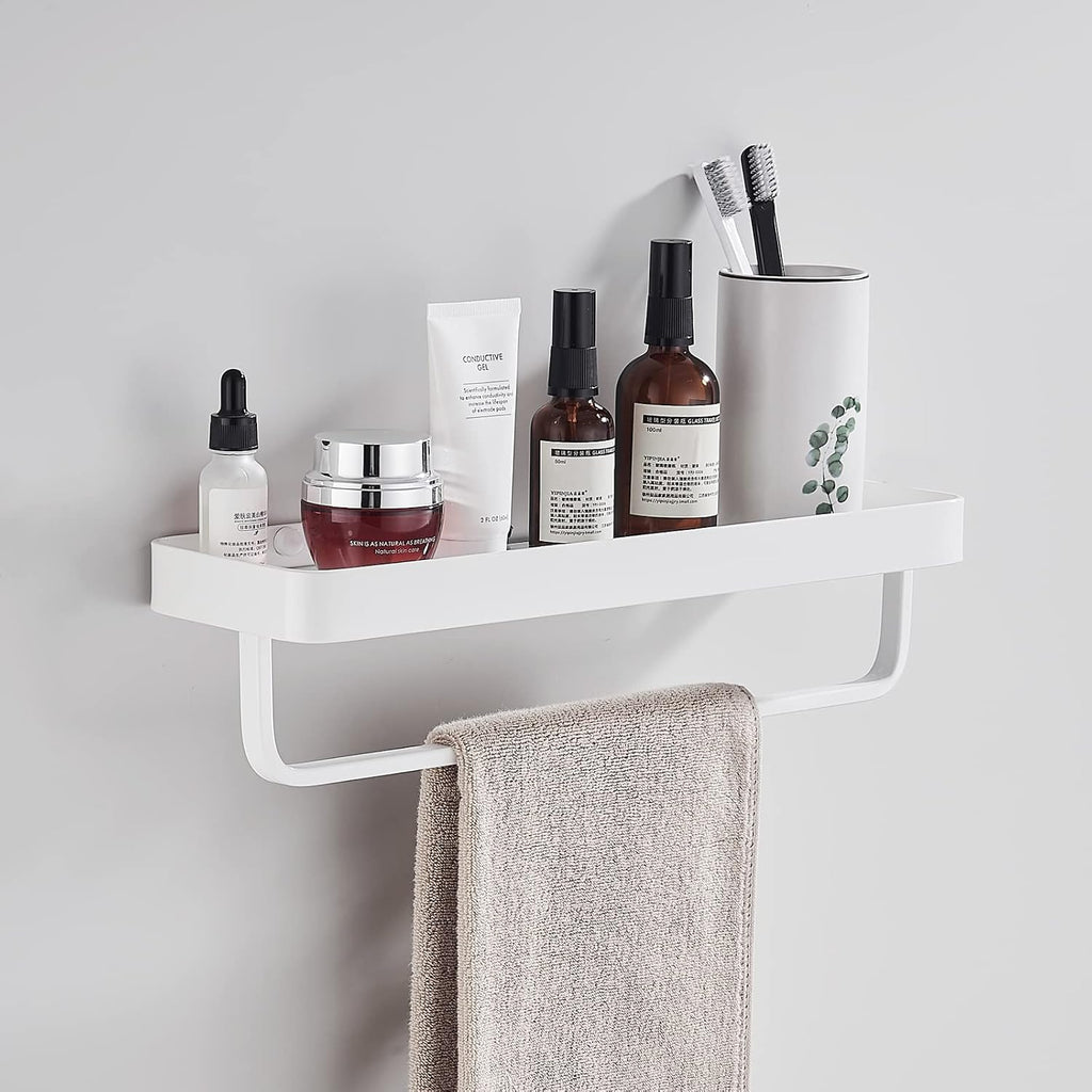 Bathroom Tempered Clear Glass Shelf with Towel Bar Wall Mounted 15.7 Inch Shower Organizer Modern Metal Kitchen Spice Decor Rack Over Toilet Storage Holder Rectangular Vanity White