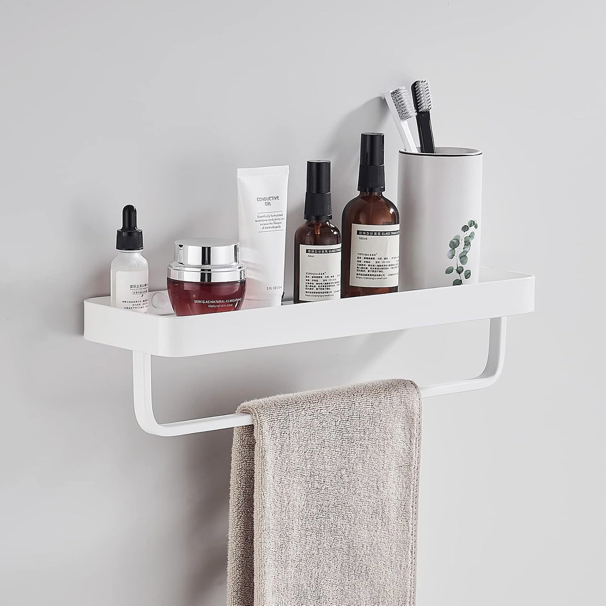 Bathroom Tempered Clear Glass Shelf with Towel Bar Wall Mounted 15.7 Inch Shower Organizer Modern Metal Kitchen Spice Decor Rack Over Toilet Storage Holder Rectangular Vanity White